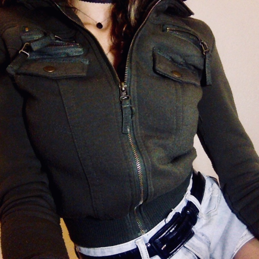 green hooded, cropped jacket